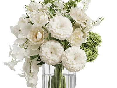 Fresh White Flower Arrangement in Clear Glass Vase with Green Foliage Decor 3d model