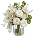 Fresh White Flower Arrangement in Clear Glass Vase with Green Foliage Decor