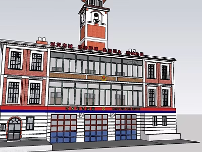 Traditional Fire Station Building With Red Brick Exterior Tower And Garage Doors 3d model