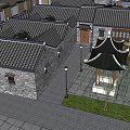 Multi Story Waterfront Commercial Street with Stone Glass Buildings Balconies Wooden Railing and Street Lamps