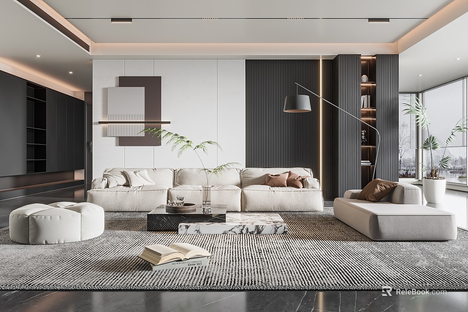 Modern Living Room Interior With Beige Sofa Geometric Rug Floor Lamp Bookshelf And Decorative Plants 3d model 