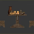 Rustic Wooden Table And Bench With Fresh Bread Cheese Eggs Mugs Bowls And Clay Vase