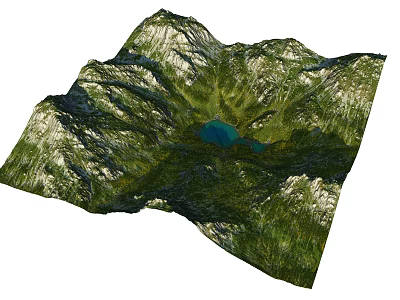 Mountain Landscape With Central Blue Lake And Green Vegetation Around Snow Capped Peaks 3d model