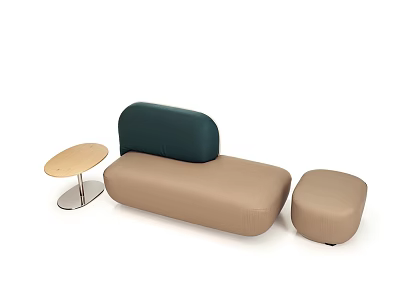 Modern Beige Sofa and Coffee Table Set with Dark Green Backrest Round Table and Ottoman 3d model