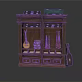 Double Wooden Cabinet Display With Stringed Instrument Small Decorative Items Drawers And Guitar Case
