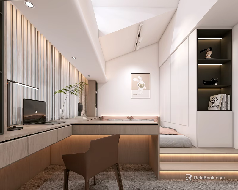 Modern Tatami Bedroom Interior With Built in Desk Storage Cabinets And Warm Lighting 3d model 