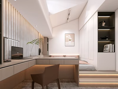 Modern Tatami Bedroom Interior With Built in Desk Storage Cabinets And Warm Lighting 3d model