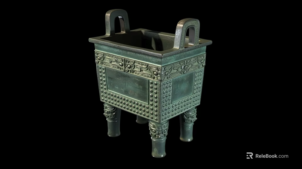 Ancient Chinese Square Bronze Ding With Intricate Carvings Two Handles And Four Legs 3d model 