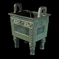 Ancient Chinese Square Bronze Ding With Intricate Carvings Two Handles And Four Legs