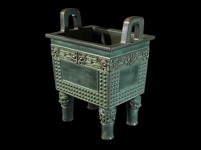 Ancient Chinese Square Bronze Ding With Intricate Carvings Two Handles And Four Legs 3d model