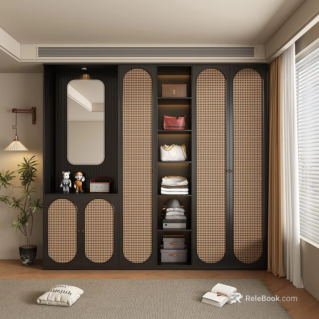 Modern Dark Wood Wardrobe With Rattan Panel Doors Open Shelves And Decorative Mirror 3d model 