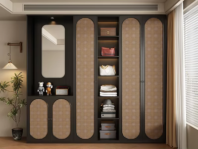 Modern Dark Wood Wardrobe With Rattan Panel Doors Open Shelves And Decorative Mirror 3d model