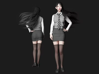 Woman With Flowing Long Hair Wearing White Shirt Tie Gray Skirt Black Stockings And Shoes 3d model