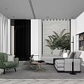 Modern Living Room With Green Armchair Grey Sofa Coffee Table And Floor Lamp