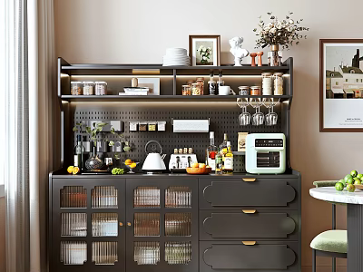 Dark Colored Sideboard With Glass Door Cabinets Drawers Shelves And Decorative Items For Kitchen Storage 3d model