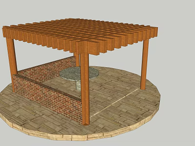 Wooden Pergola with Lattice Roof Stone Paved Floor and Brick Wall Structure 3d model