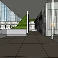 Modern Sales Office Building With Unique Curved Roof White Columns Green Trees And Lawn Area