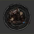 Warrior Character Model With Tattered Skeleton Armor Holding Blue Accent Weapon Standing On Round Base