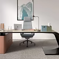 Modern Office Interior With Desk Chair Laptop Lamp File Organizer and Wall Art