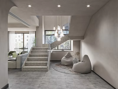 Modern Interior Design With Staircase Bean Bags Chandelier And Living Area 3d model
