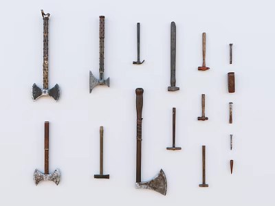 Assorted Hardware Tools Collection With Metal Heads And Wooden Handles For Workshop Use 3d model