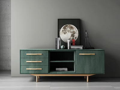 Green Console Cabinet Sideboard With Drawers Open Shelf Golden Handles Wooden Legs And Books Decor 3d model