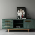 Green Console Cabinet Sideboard With Drawers Open Shelf Golden Handles Wooden Legs And Books Decor