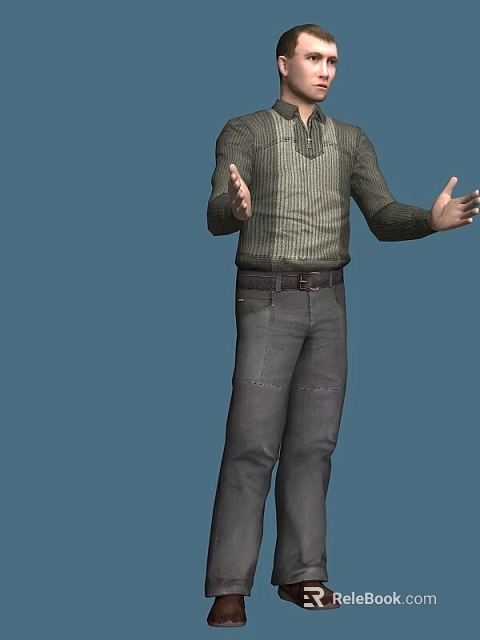 A Man Wearing Striped Shirt And Gray Pants With Hands Open Against Blue Background 3d model 