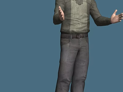 A Man Wearing Striped Shirt And Gray Pants With Hands Open Against Blue Background 3d model