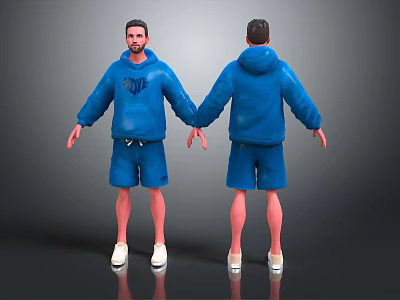 Man In Blue Hoodie And Blue Shorts With White Shoes Front Back Views 3d model