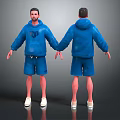 Man In Blue Hoodie And Blue Shorts With White Shoes Front Back Views