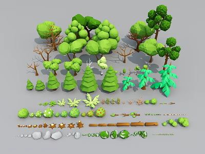 Cartoon Scenic Elements With Various Trees Plants Rocks And Green Foliage 3d model