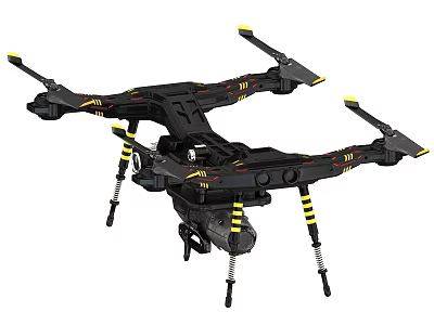 Black Four Rotor Drone With Yellow Stripes And Spring Landing Gear 3d model