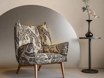 Black and White Patterned Accent Chair with Wooden Legs and Side Table Black Vase Flowers 3d model