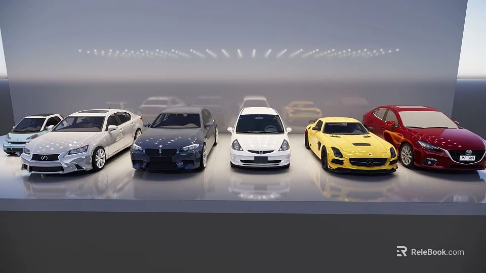 Various Cars in Different Colors and Styles Neatly Arranged in Modern Showroom With Lighting Effects 3d model 