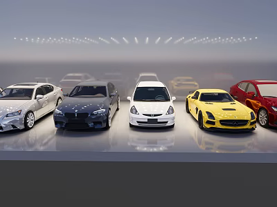 Various Cars in Different Colors and Styles Neatly Arranged in Modern Showroom With Lighting Effects 3d model