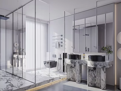 Modern Bathroom With Glass Enclosure Marble Vanities And Large Mirror 3d model