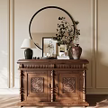 Classic Wooden Entryway Console Cabinet With Round Mirror Table Lamp Vase Green Plant Decorative Items