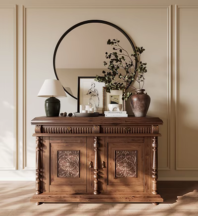 Classic Wooden Entryway Console Cabinet With Round Mirror Table Lamp Vase Green Plant Decorative Items 3d model