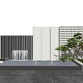Modern Building Exterior Wall Design with Black Vertical Slats Light Stone Panels and Bonsai Tree