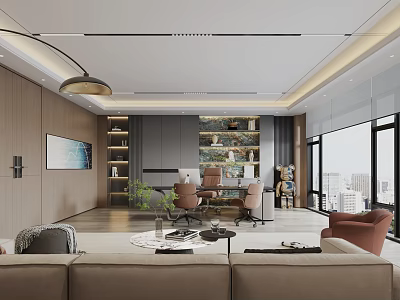 Modern Office Interior With Open Space Wooden Walls Large Windows Bookshelves Sofa And Plants 3d model