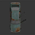 Old Rusty Car With Open Doors Showing Brown Interior And Weathered Blue Green Body