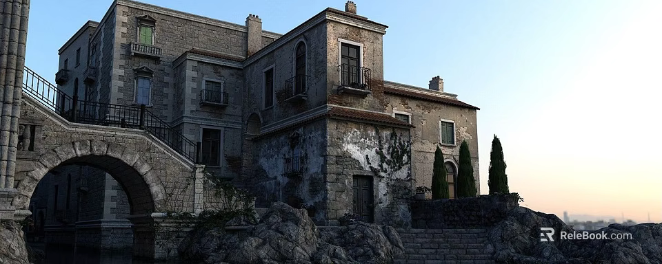 Ancient European Architecture with Stone Walls Balconies Windows Stone Steps Surrounding Rocks and Trees 3d model 