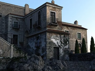 Ancient European Architecture with Stone Walls Balconies Windows Stone Steps Surrounding Rocks and Trees 3d model
