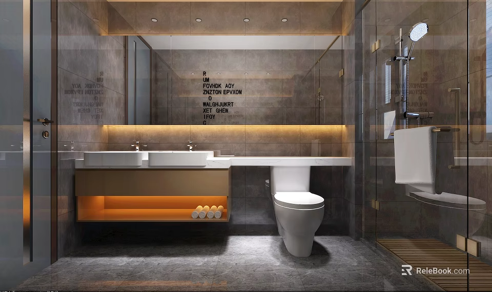Modern Bathroom Interior Design With Large Mirror Vanity Sink Toilet And Shower Area 3d model 