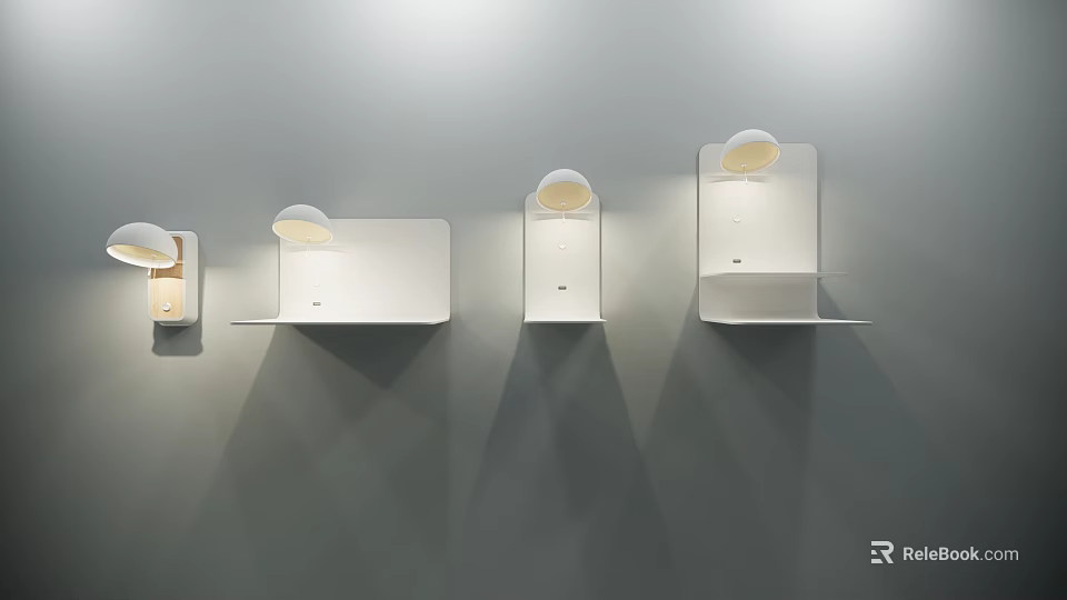 Modern Minimalist Wall Lamps Design With Round Shade And Shelf Mounted on Gray Wall 3d model 