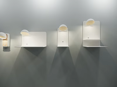 Modern Minimalist Wall Lamps Design With Round Shade And Shelf Mounted on Gray Wall 3d model