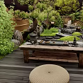 Japanese Courtyard Garden With Stone Lantern Dry Landscape Pine Tree Green Plants And Wooden Deck