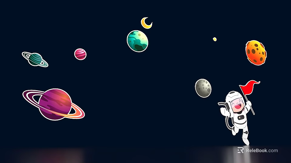 Happy Cartoon Astronaut With Red Flag Exploring Space With Colorful Planets Moon Stars 3d model 