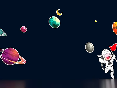 Happy Cartoon Astronaut With Red Flag Exploring Space With Colorful Planets Moon Stars 3d model